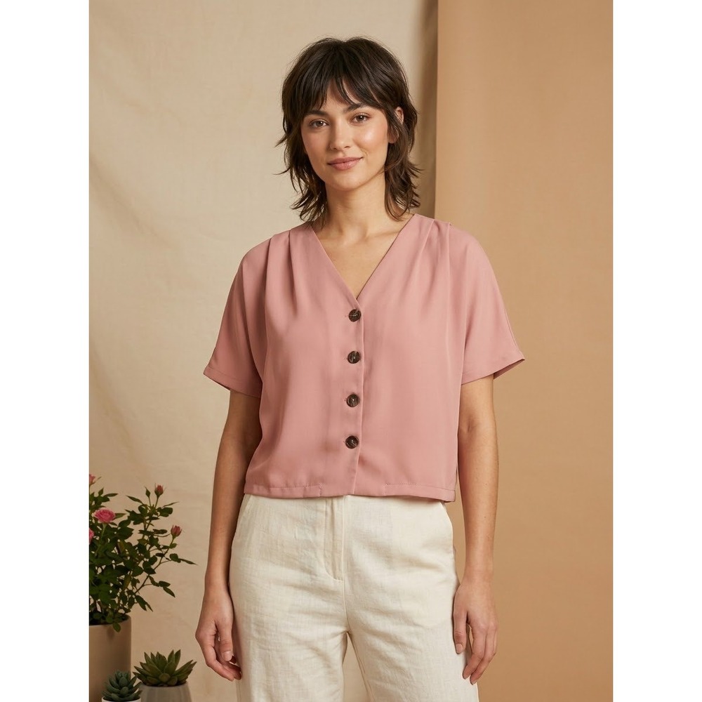 Short Sleeve V-Neck Elodie Pink Polyester Button Down Top Size S Small